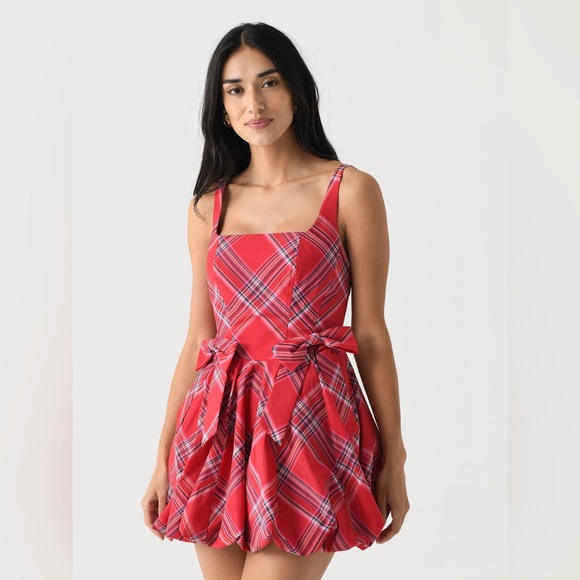 LOVESHACKFANCY New Ruelle Dress 10 Cheery Red plaid bubble sleeveless pockets - Picture 1 of 16